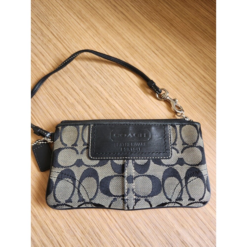 Coach Black & Gray Jacquard Fabric Signature Print Wristlet